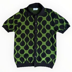 OXKNIT Men’s Polo Button Down Knit Shirt 2XL 60s Psychedelic Pattern Green Black